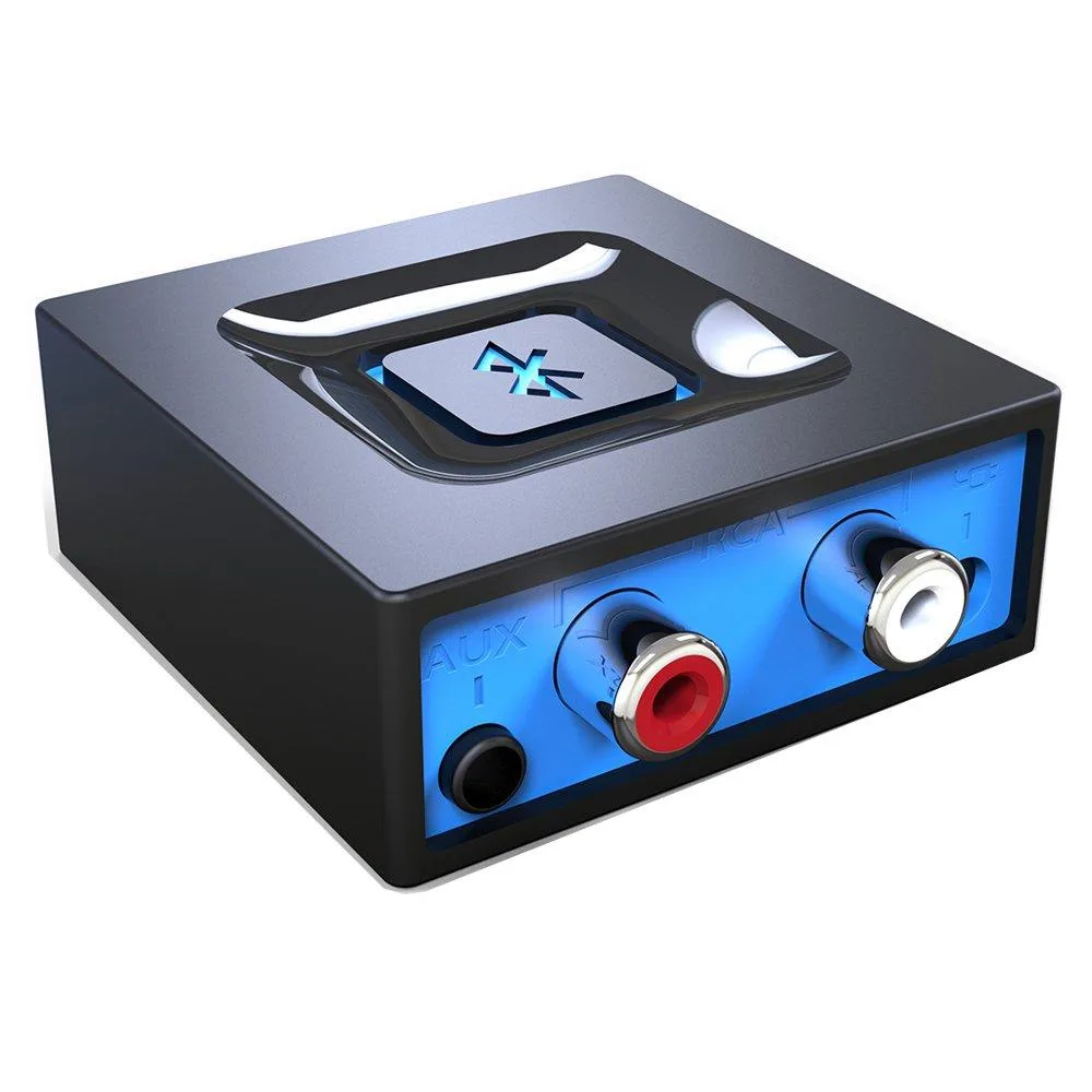 Small black Bluetooth receiver with large pairing button and 3.5 mm and RCA cables