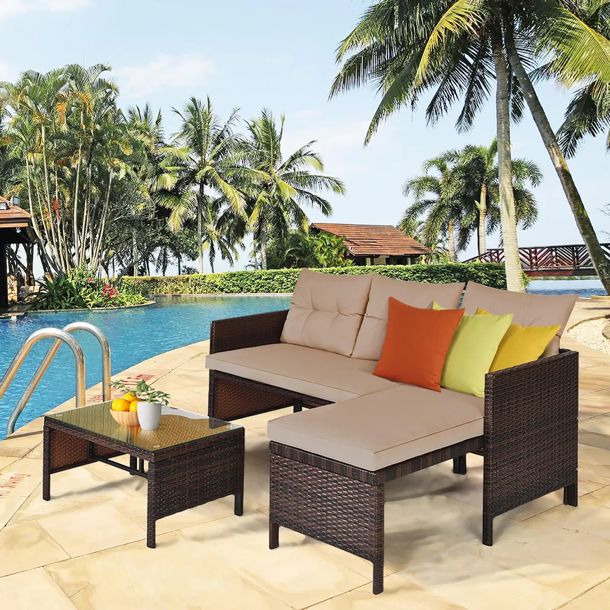 Three-piece rattan sofa set with loveseat, corner lounge and coffee table in weather-resistant wicker with thick removable cushions