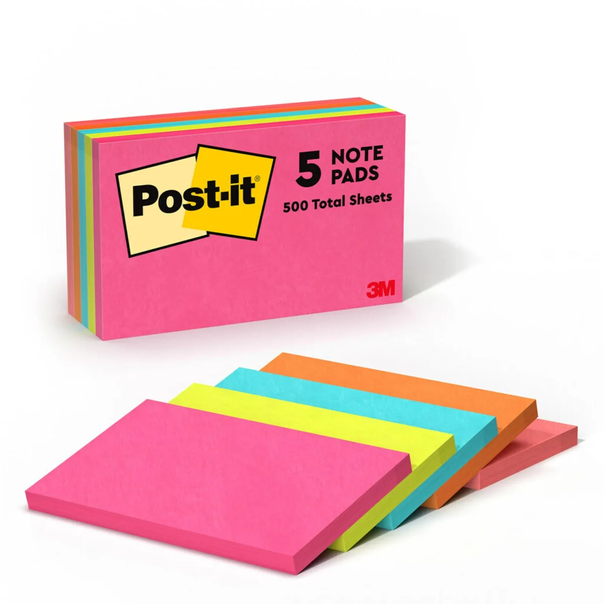 Twenty-four packs of five 3-by-5-inch Post-it pads in bright colours
