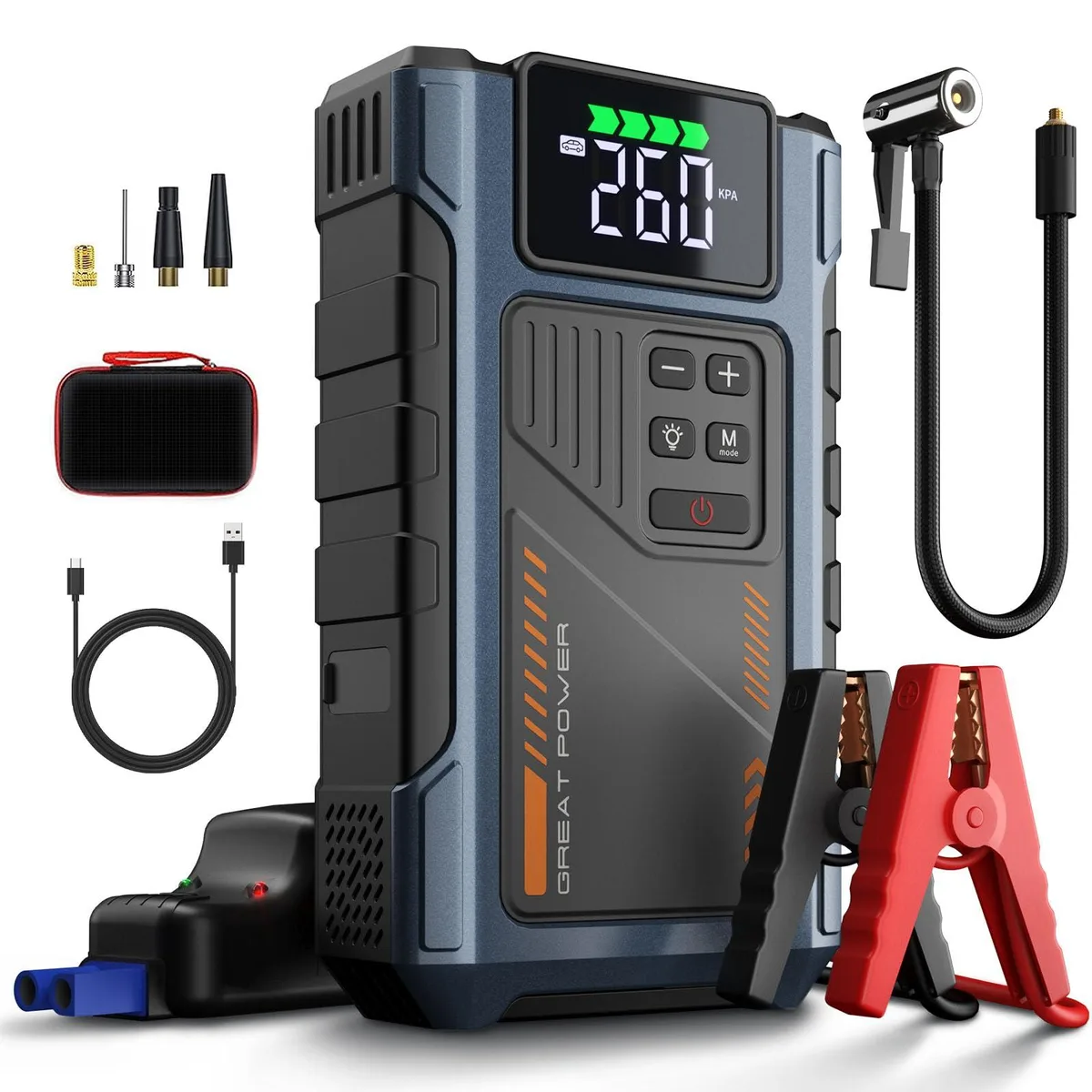 Compact grey jump starter with built-in air compressor hose and jumper cable ports
