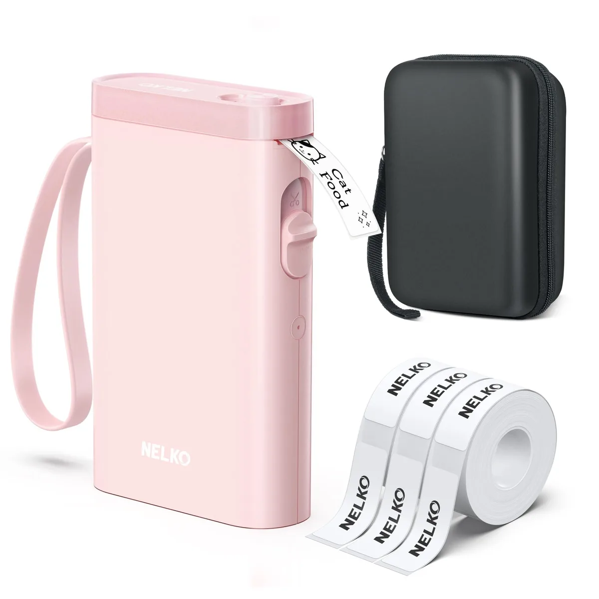 Compact pink label printer with built-in cutter and tape roll visible