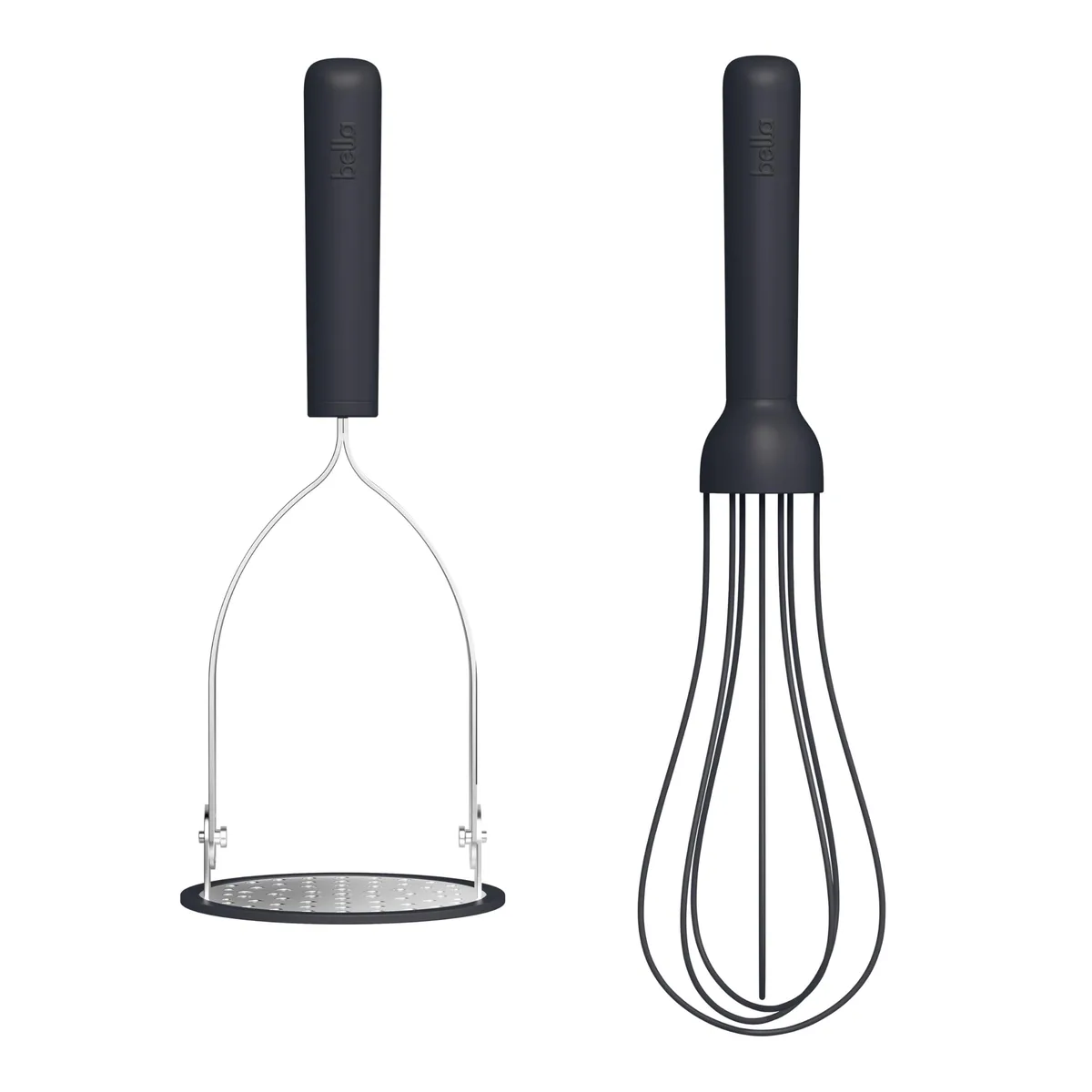 Two stainless steel and silicone utensils: a foldable masher and a whisk that shifts from flat to balloon shape, slate handles