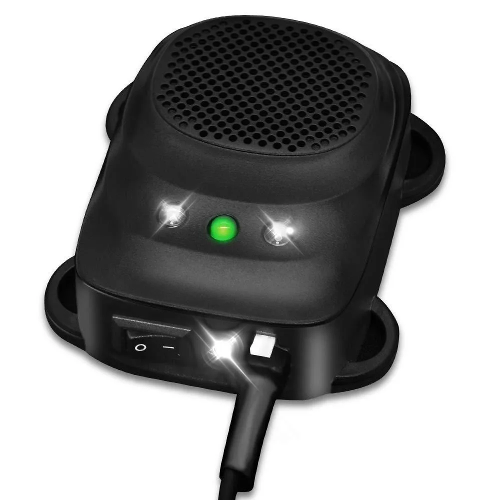 Small black rectangular box with three LED lights and two battery cables