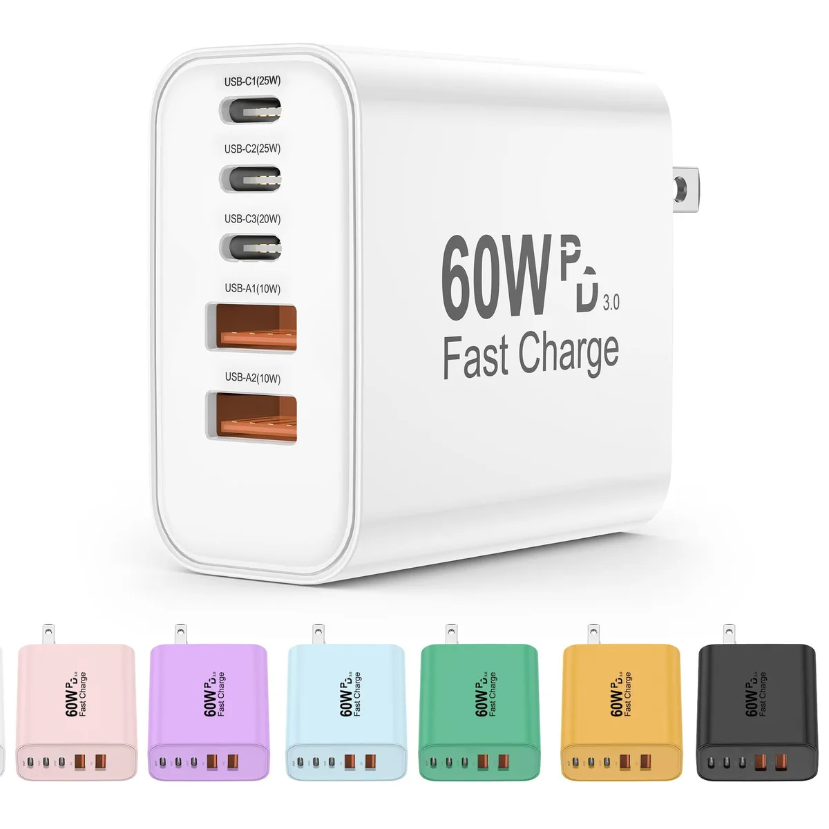 White rectangular USB-C charger block with five ports visible on the front face