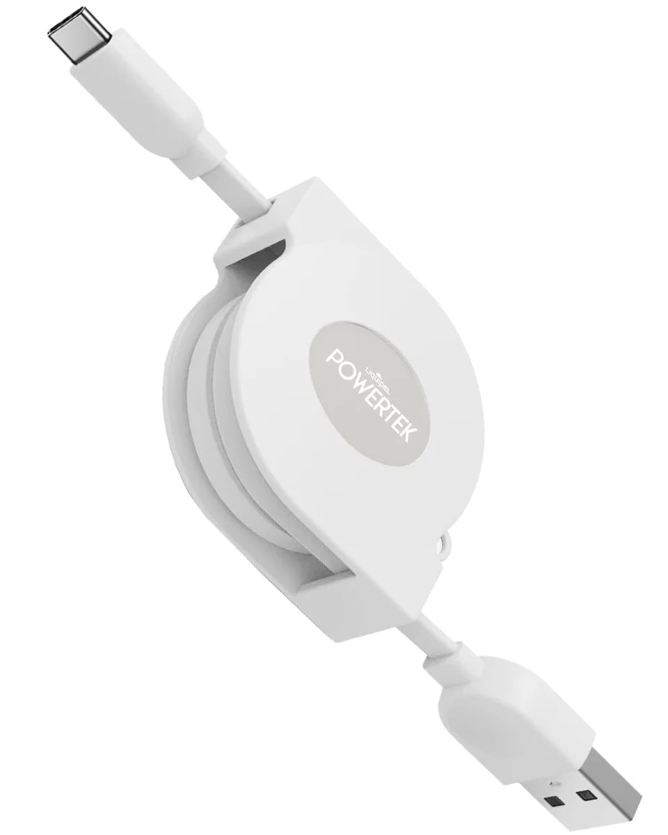 White retractable USB-C cable in compact coil, 3 foot length