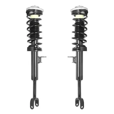 Two silver front strut assemblies with coil springs and top mounts, fully assembled for BMW 528i and 535i