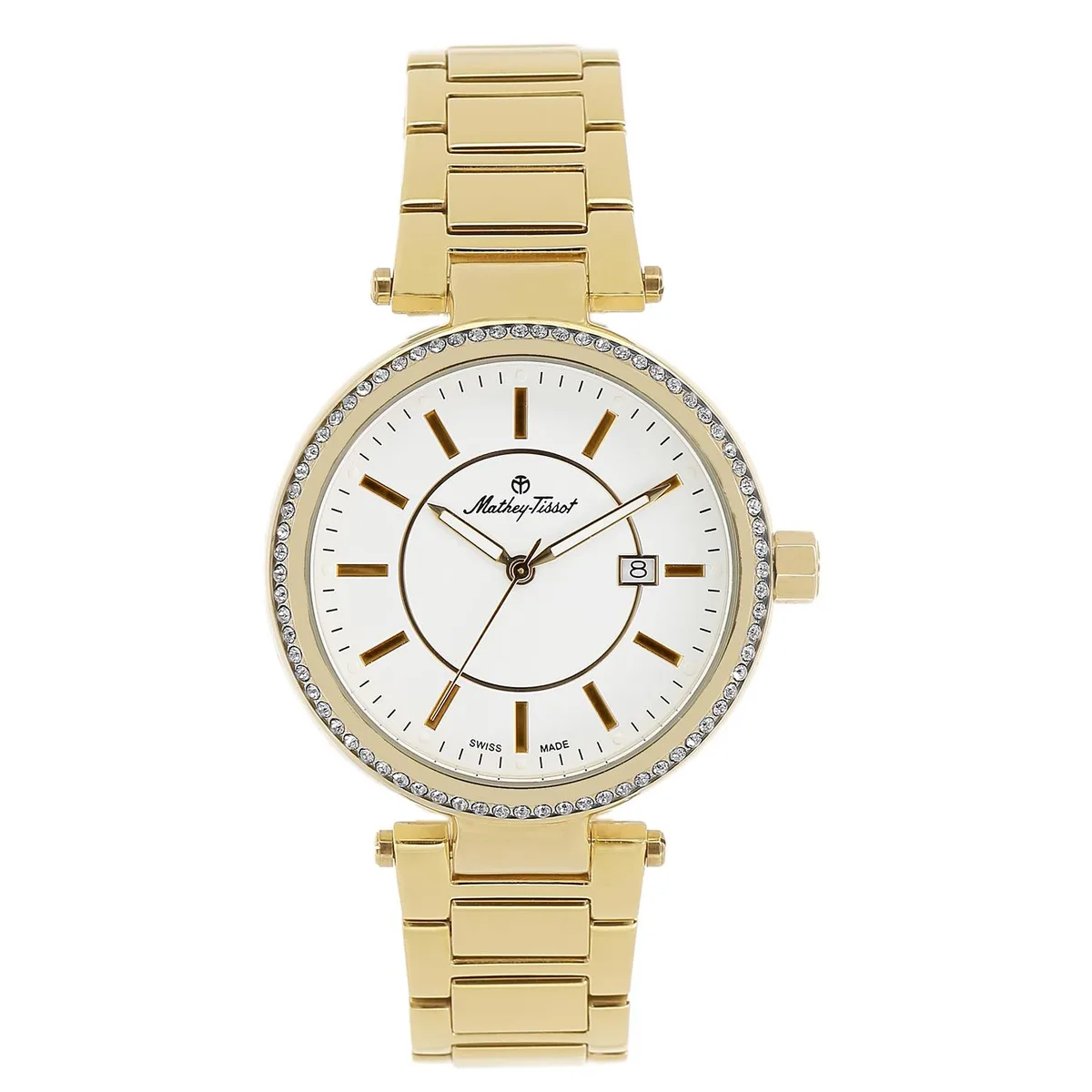 Stainless steel watch with white dial and metal bracelet