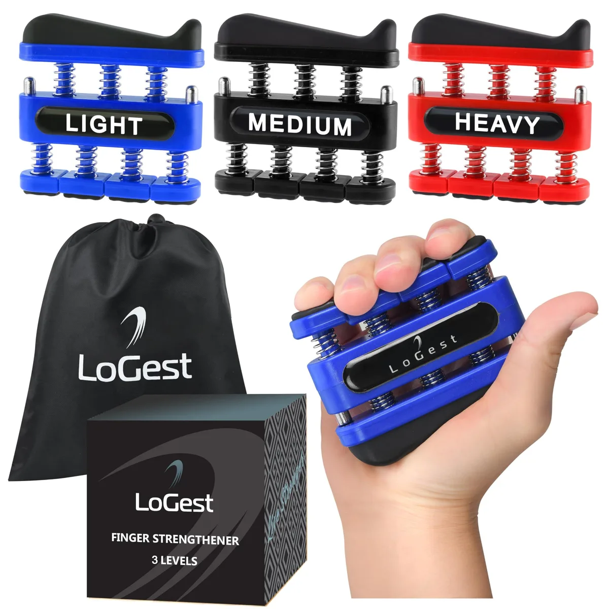 Three coloured plastic finger exercisers in black blue red