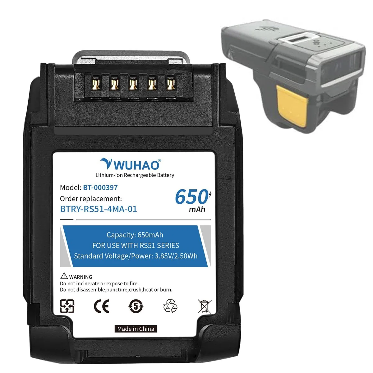 Small rectangular lithium-ion battery pack with connector, dark finish, 72mm long