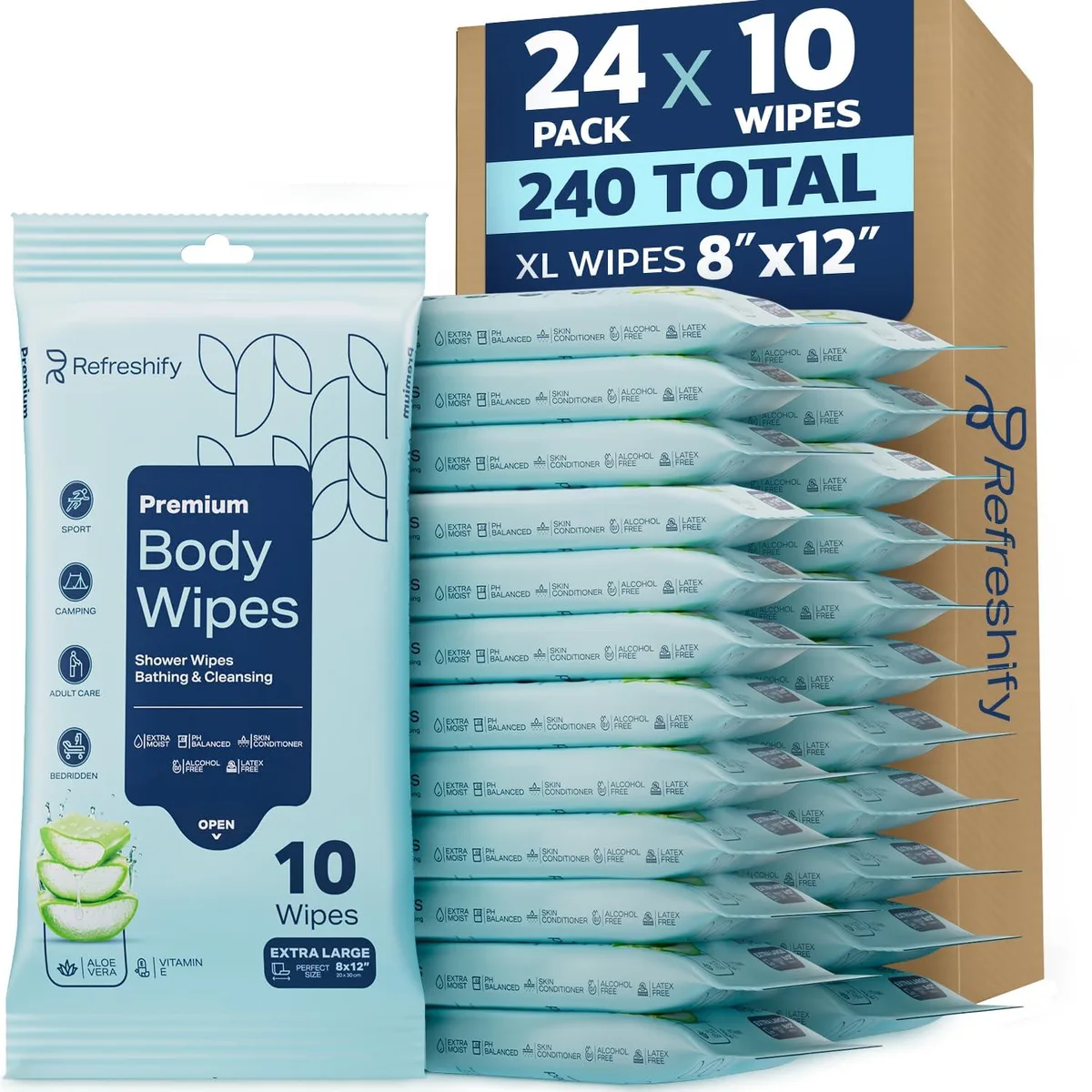 White rectangular box containing 24 packs of large textured body wipes
