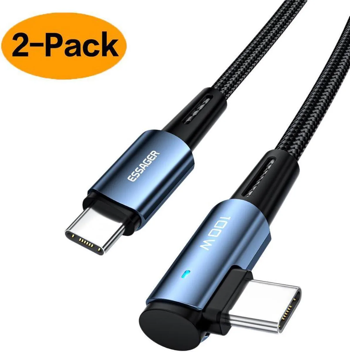 Aomoproing Aomoproing 10ft USB C cable LED right angle 100W 5A 480Mbps blue — product photo