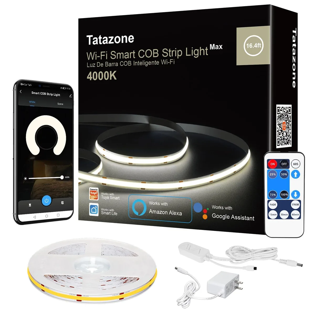 White flexible COB LED strip on reel with power supply and remote control