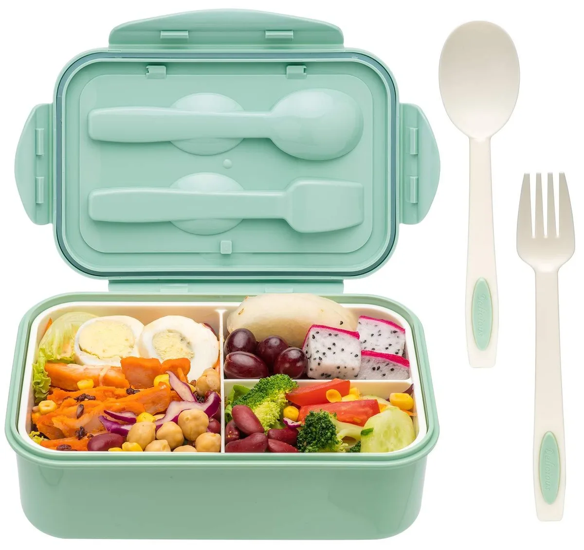 Green plastic rectangular bento box with three internal compartments