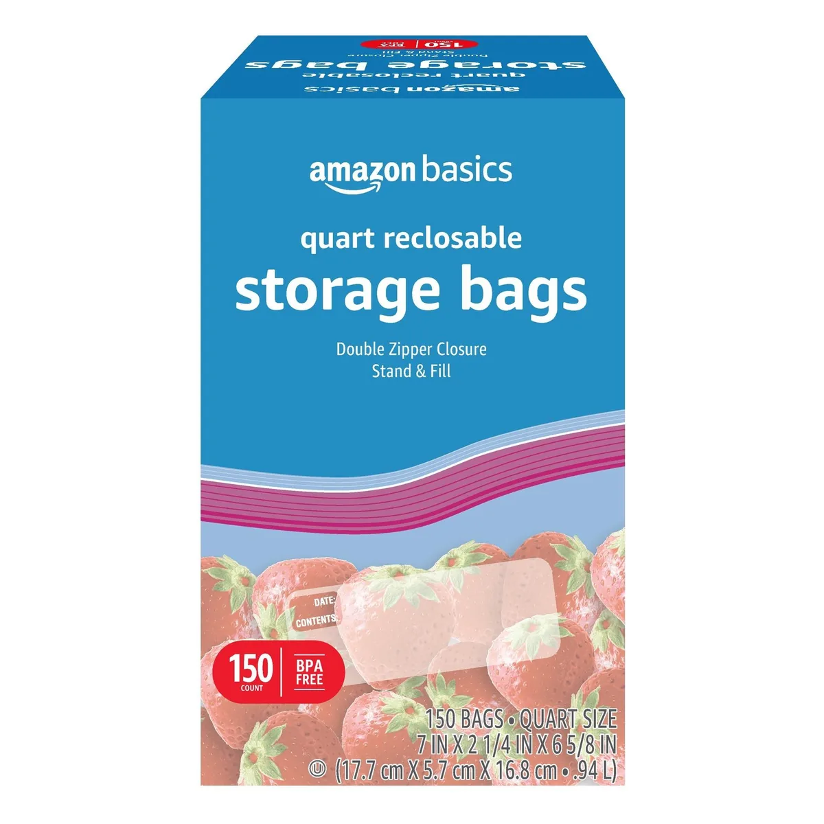 Clear plastic quart bags with double zipper seal, stand-and-fill base, 150 count