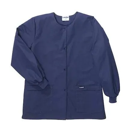 Navy women's Landau warm-up jacket, cotton-polyester blend, crew neck, snap front, four pockets, long sleeves, 29 inch length