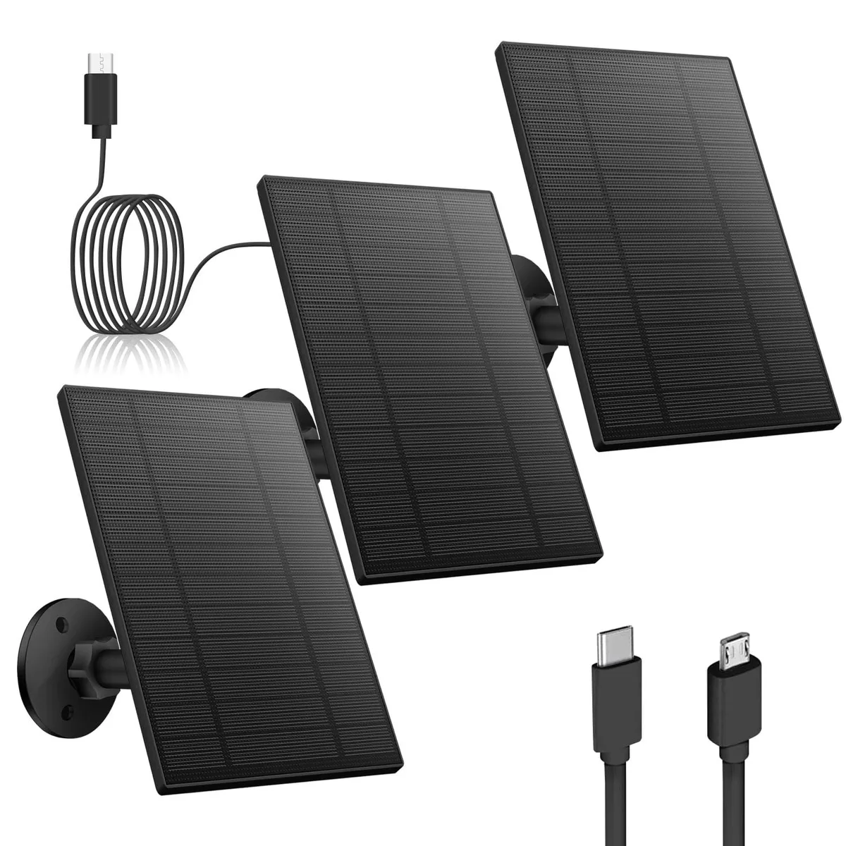 Black rectangular solar panel with micro USB and USB-C ports, IP65 rated, 360° adjustable mount, 9.8ft cable