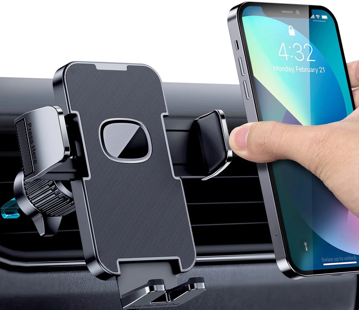 No Sew No Sew Car Vent Phone Mount [Military-Grade Hook Clip] Dark 360° 4.0-7.1 — product photo