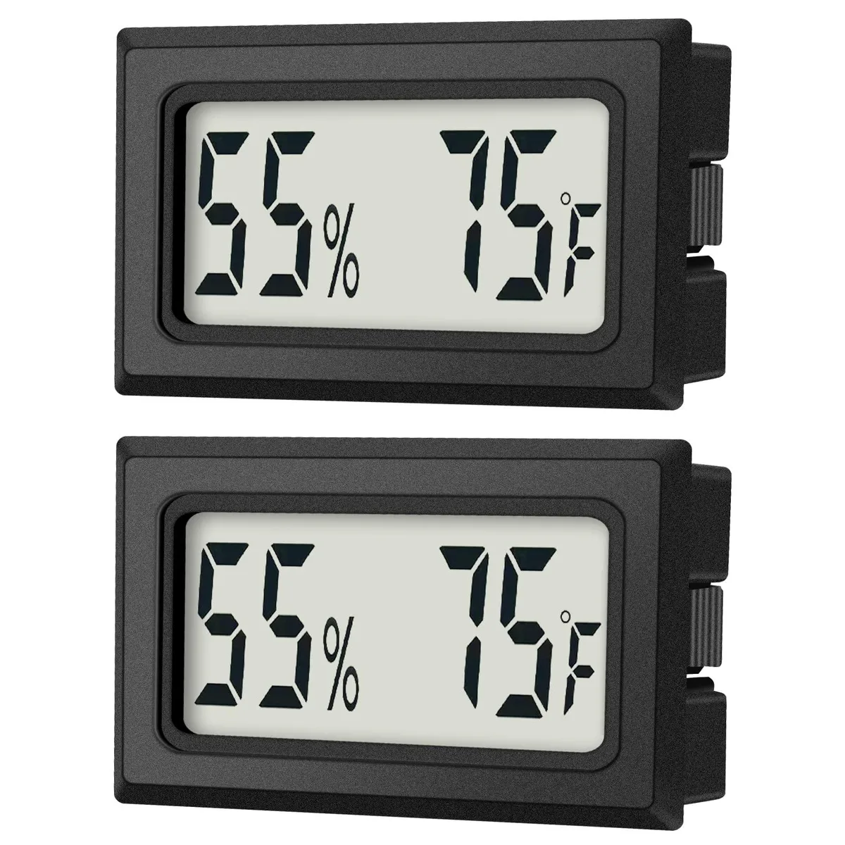 Two compact black digital thermometers with humidity display