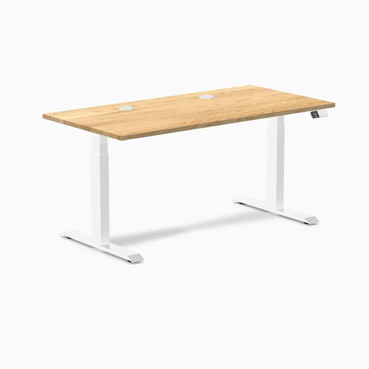 Desky Desky Dual Hardwood Sit Stand Desk White Oak 60 x 30 in Grommets White Frame — product photo