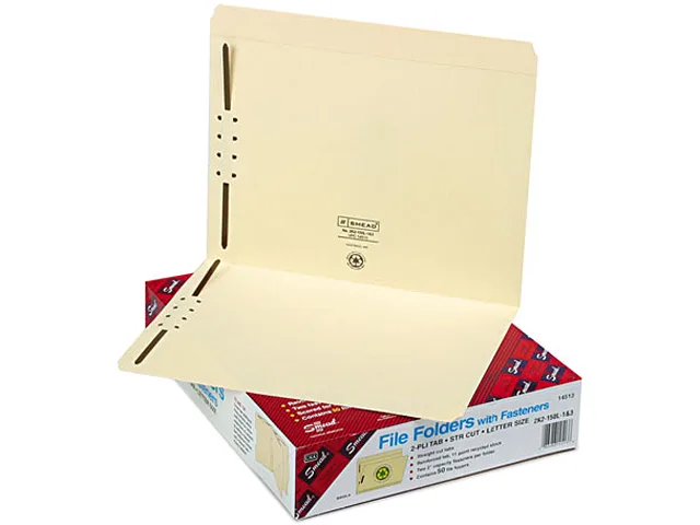 Buff Manila letter-size file folders, two fasteners, straight-cut tabs, box of 50