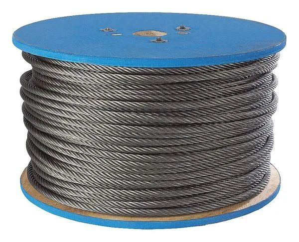 Coiled silver galvanized steel wire rope on spool