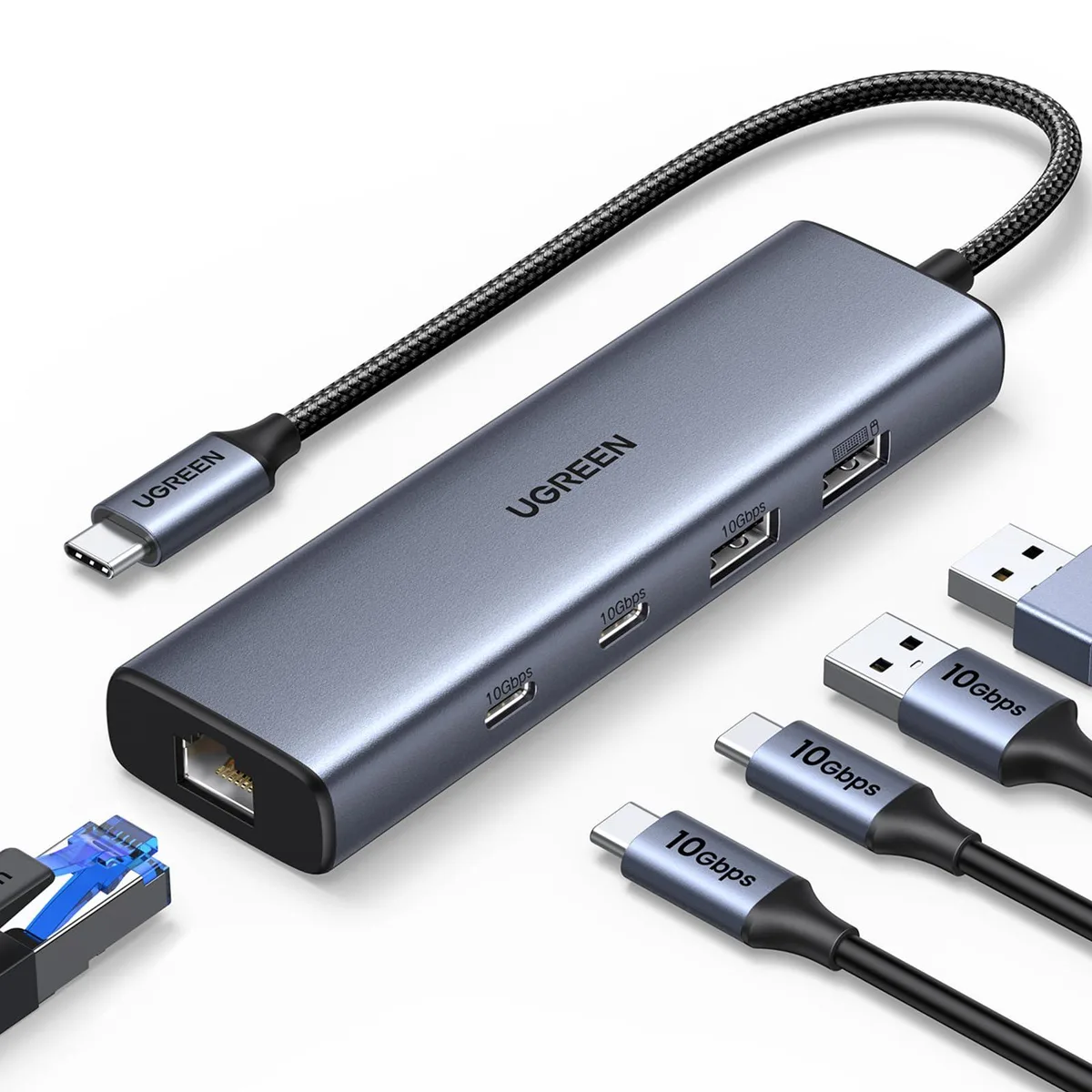 Compact space-grey aluminium 6-in-1 USB-C hub with multiple ports