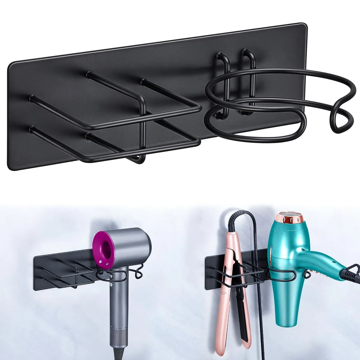 Black metal hair dryer and straightener holder, wall mounted with self adhesive backing