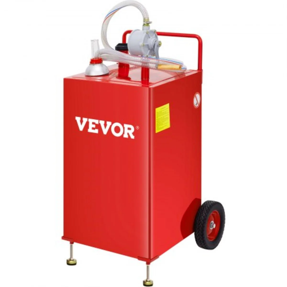 Red 30-gallon steel fuel caddy on two 10-inch wheels with rotary pump and hose