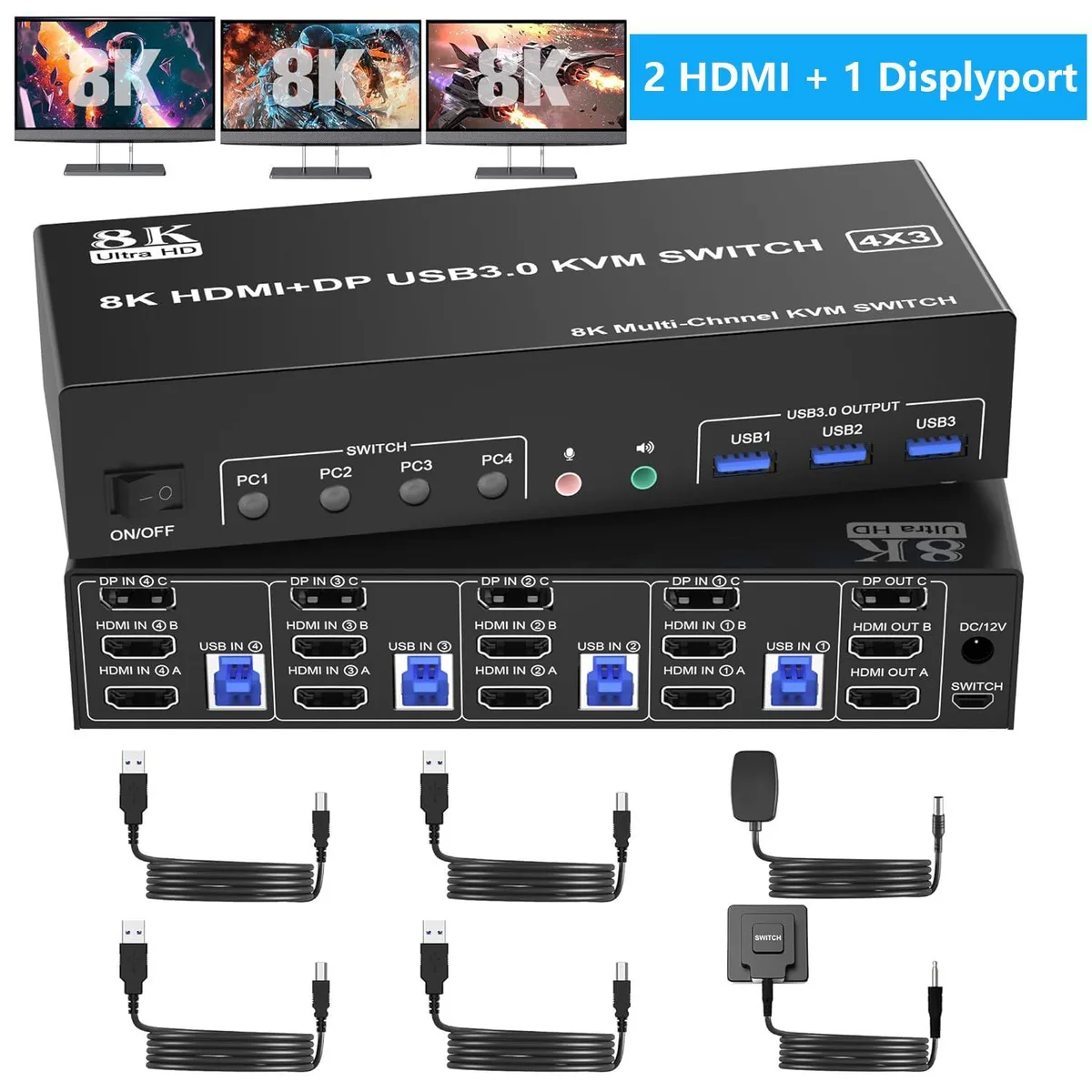 WRIARICH WRIARICH 4-Port 3-Monitor KVM Switch 2 HDMI + DisplayPort — product photo