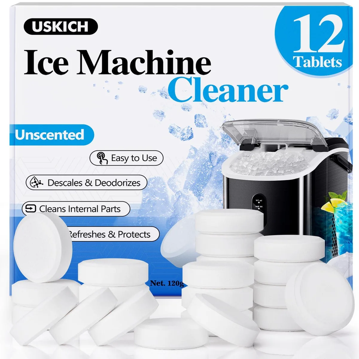 Box of 12 white descaler tablets for ice makers