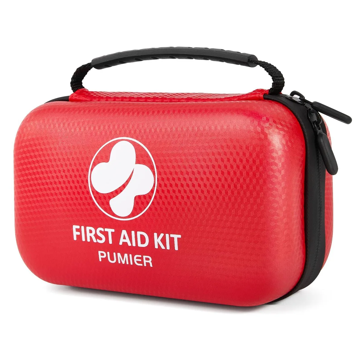 Red waterproof hard-shell first aid case, compact rectangular shape, 350-piece medical kit inside