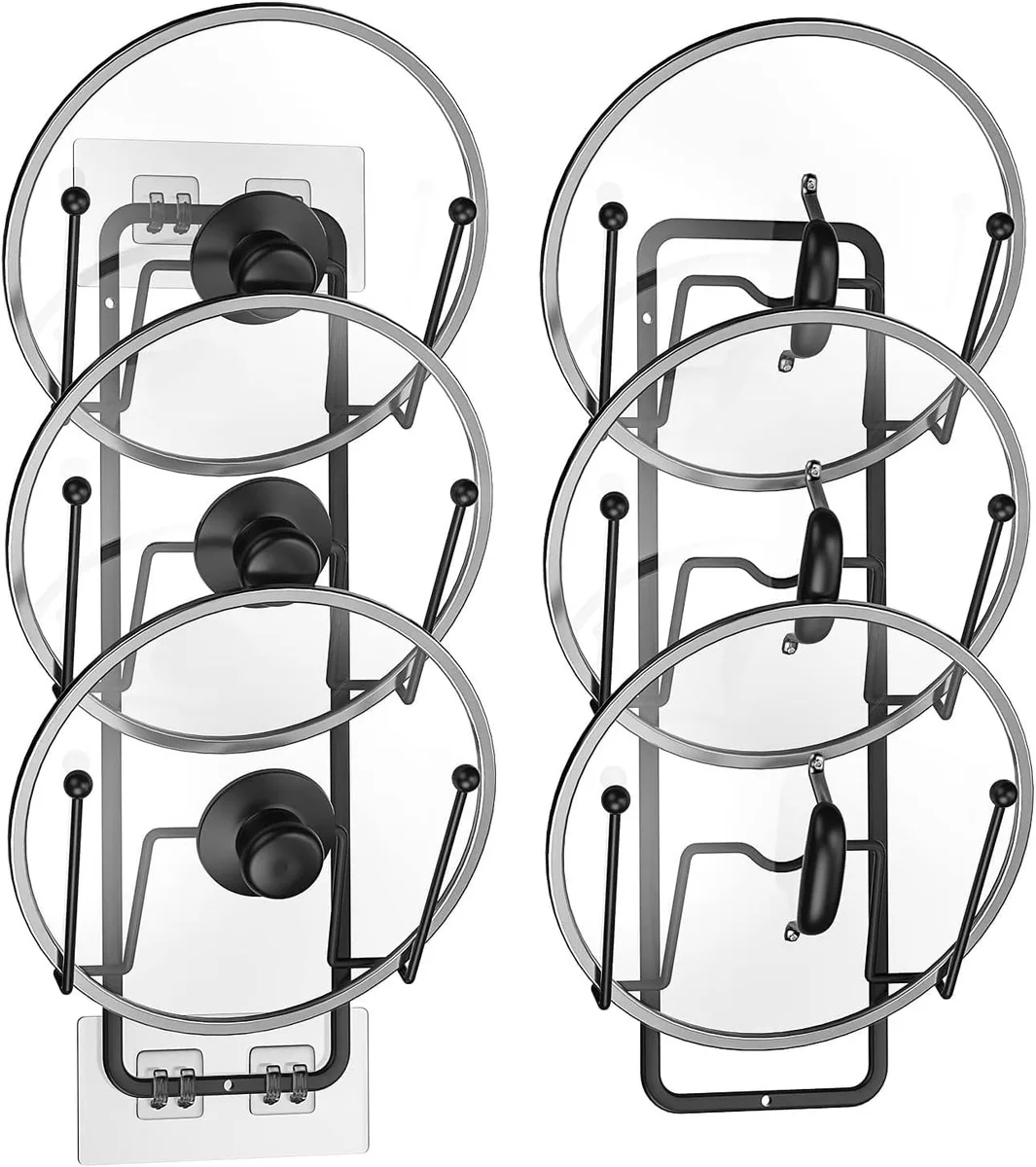 Two red plastic lid racks, 34 inches long, six tiers each, round U shaped slots, adhesive or screw mount