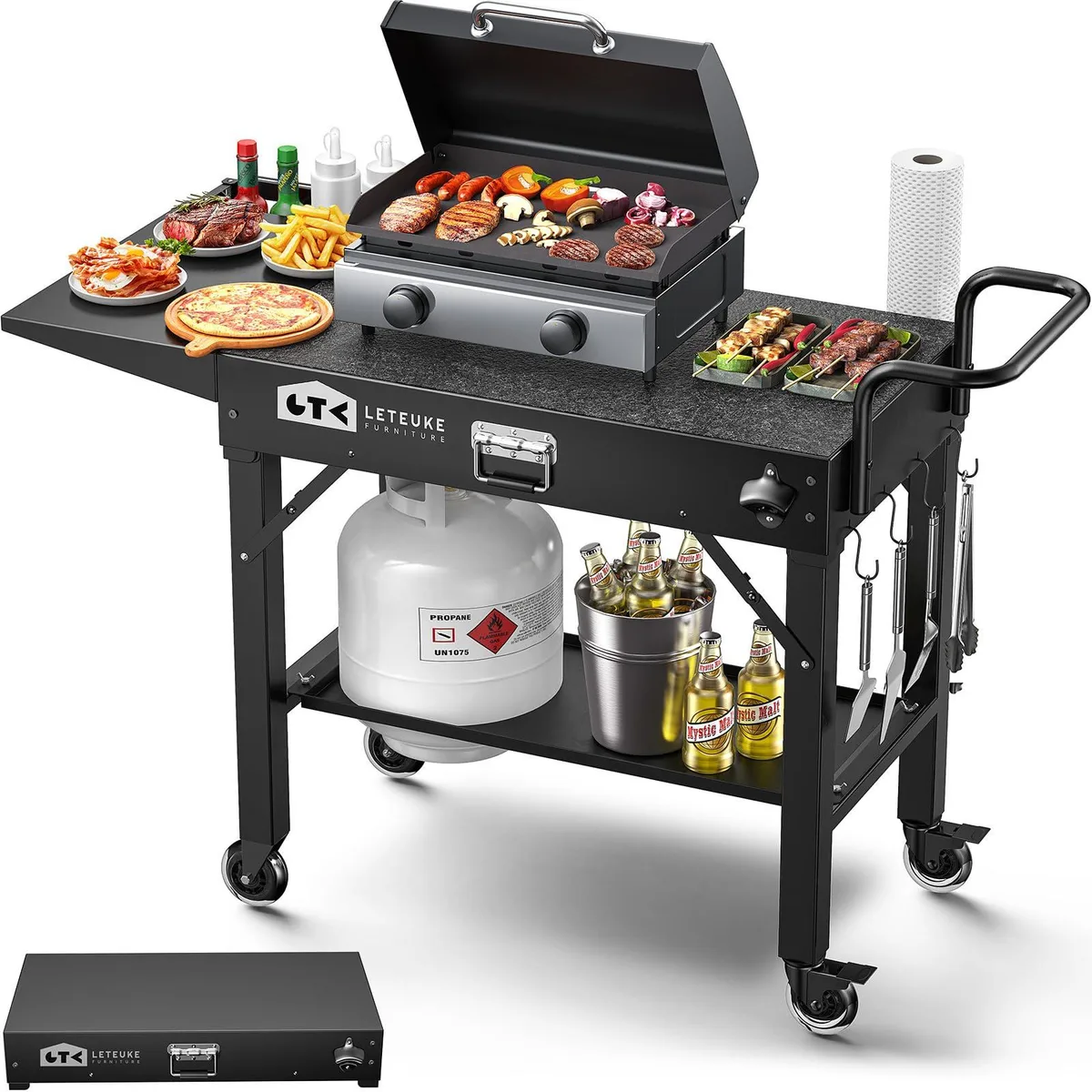  Leteuke 2Tier Grill Cart 43x17x30in 450lb Black Foldable — product photo