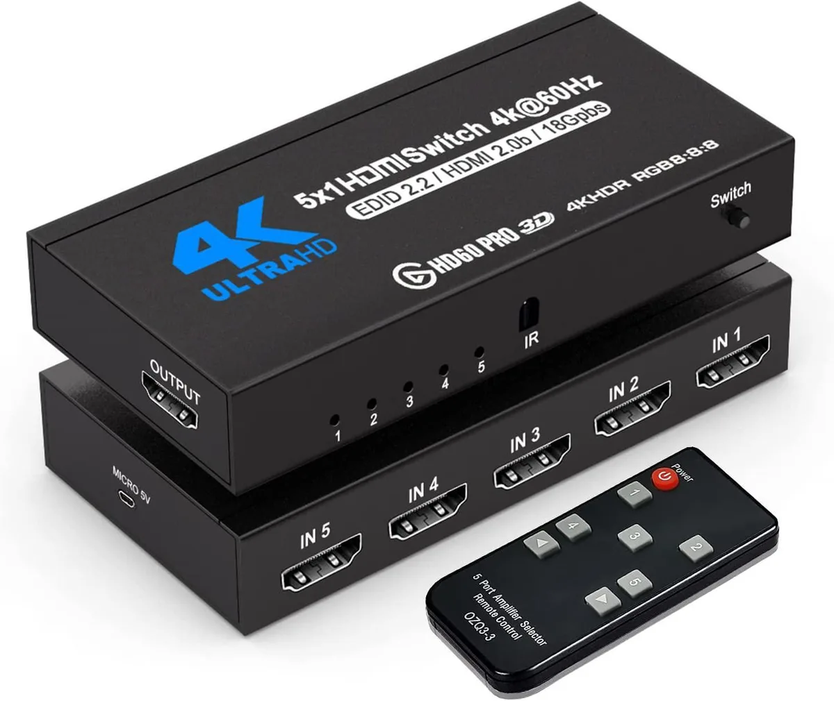 WRIARICH WRIARICH OZQ3-4 5x1 HDMI Switch 4K@60Hz Aluminum Black — product photo