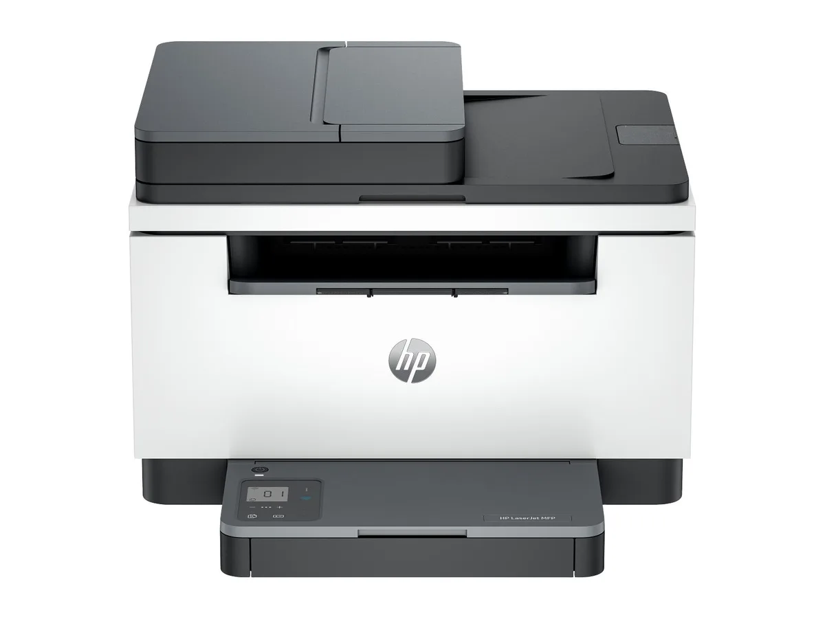 Compact white and grey laser multifunction printer with flatbed scanner and automatic document feeder