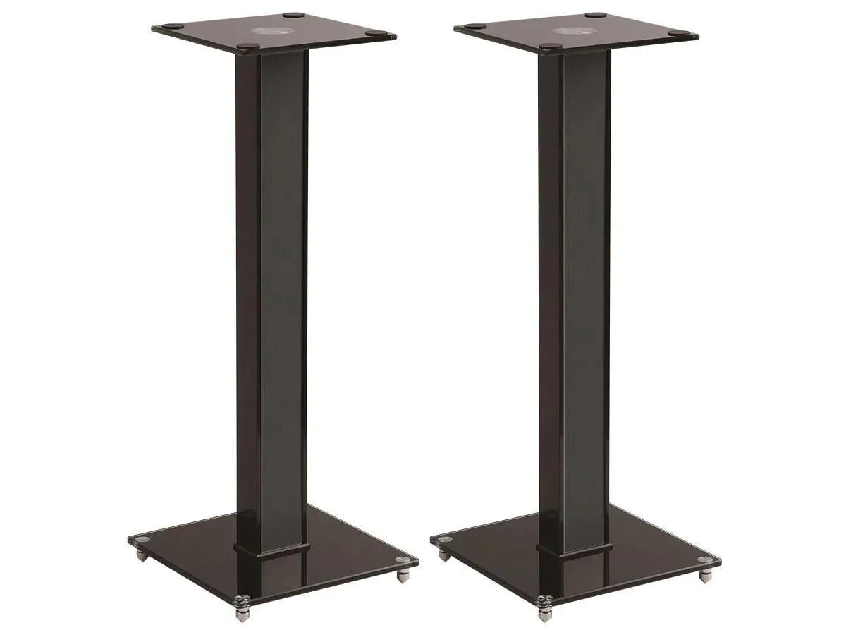 Pair of 28 inch speaker stands with tempered glass bases, wood veneer columns, and floor spikes