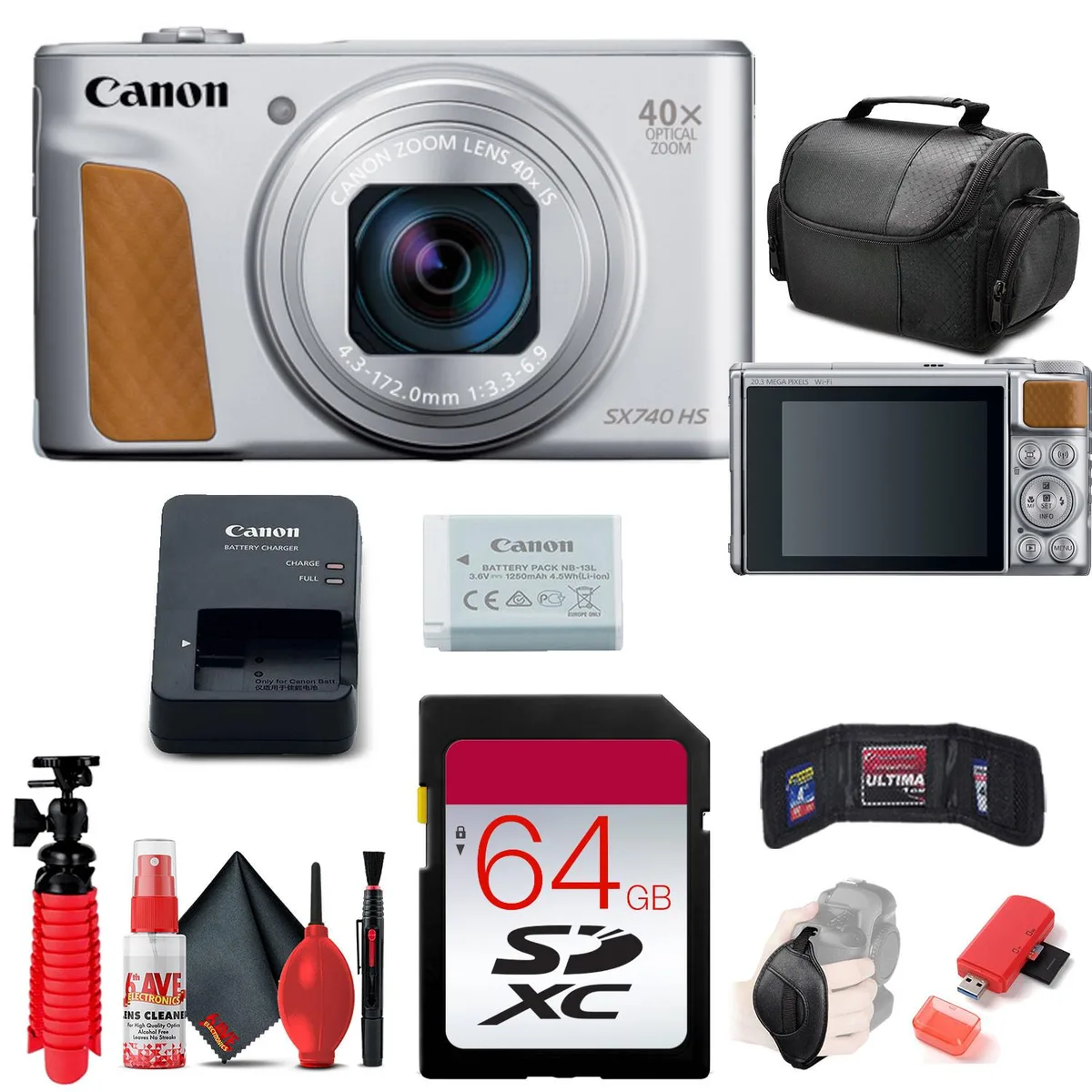 Canon Canon PowerShot SX740 HS 20.3MP 40x zoom silver bundle with 64GB card — product photo