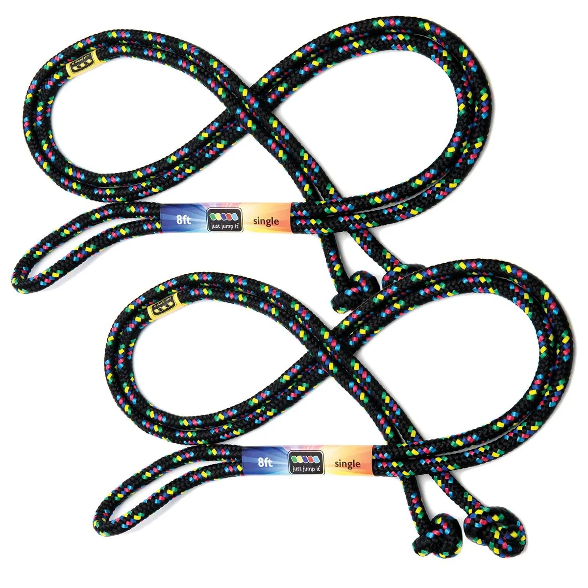 Two black confetti nylon jump ropes with knotted ends and rubber grips, 96 inches long