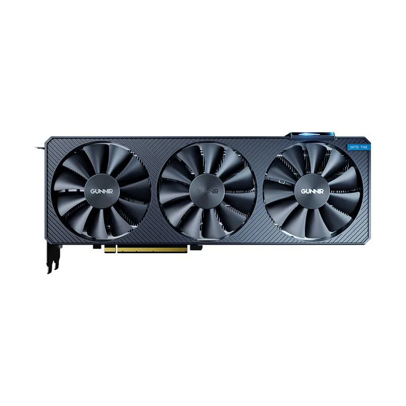 Black triple-fan graphics card with silver accents, 300 mm long