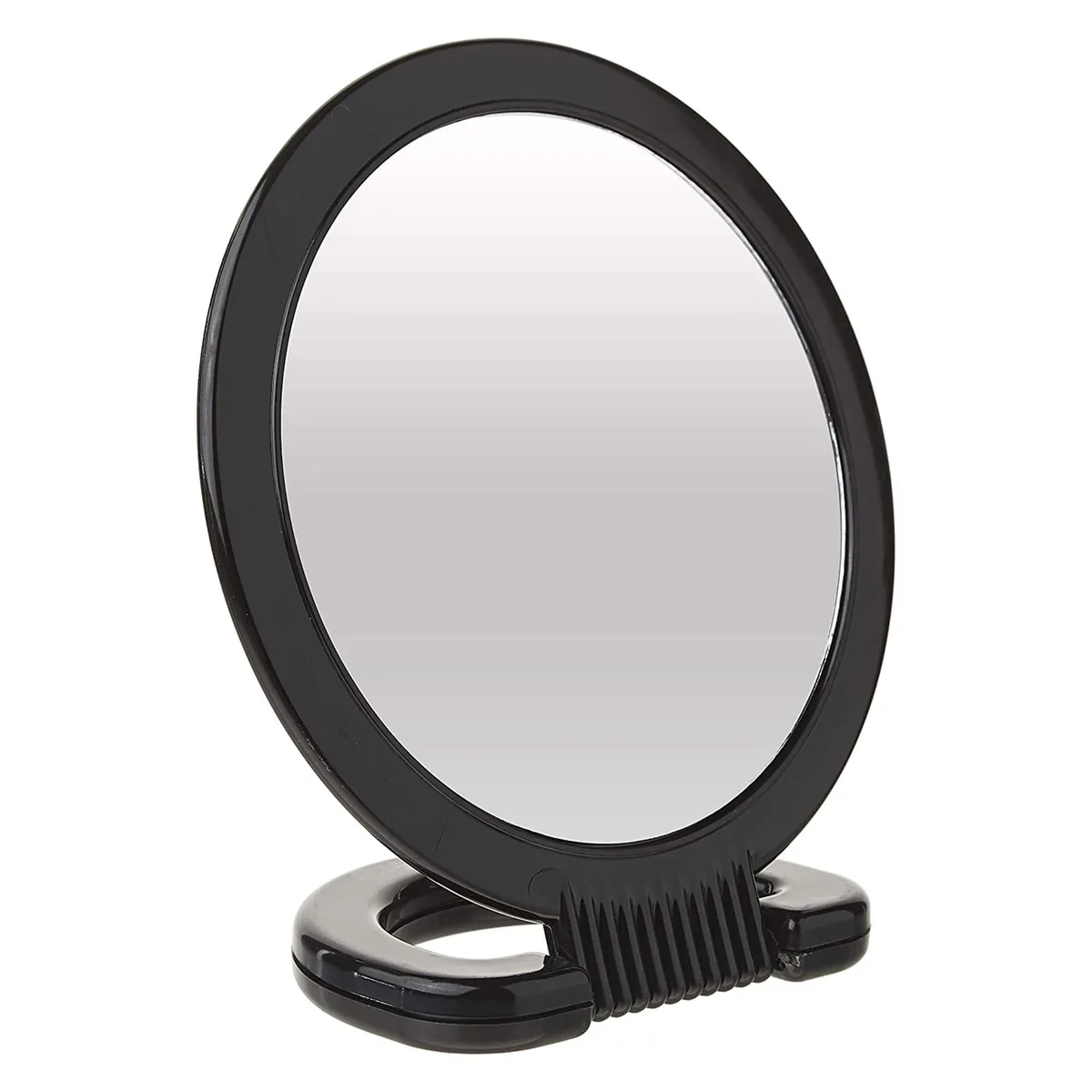 Black double-sided round handheld mirror with handle, 1X and 3X magnification sides