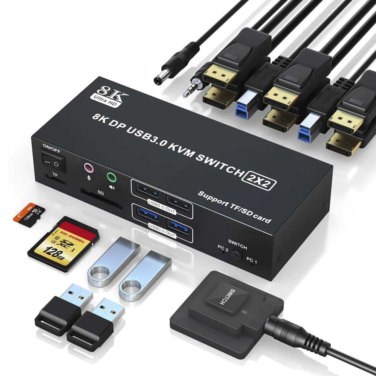 Vszerda Vszerda DP202E-USB3.0-8K-J KVM Switch 8K@60Hz 4K@120Hz 2 Monitors 2 Computers USB 3.0 SD/TF — product photo