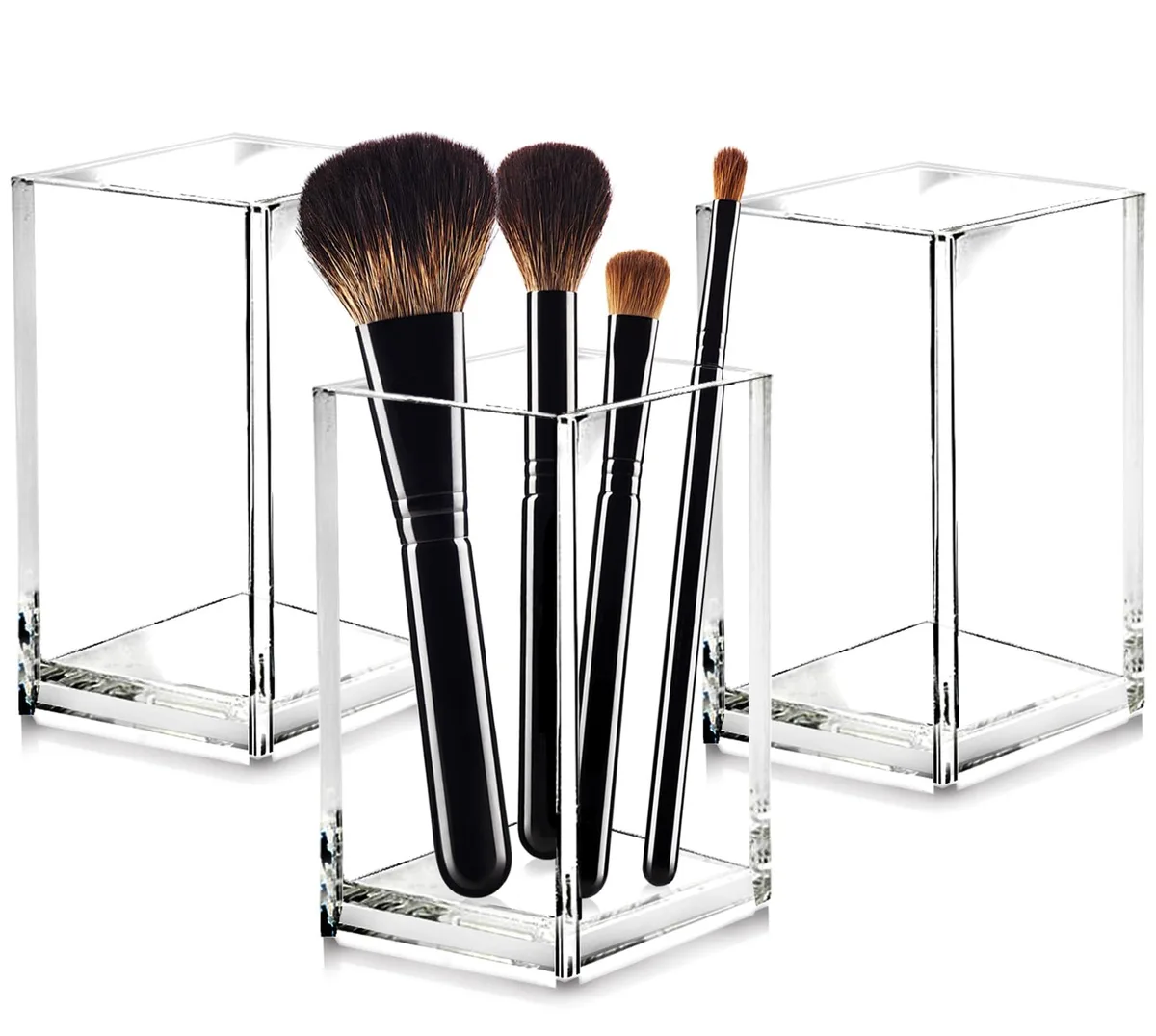 Three clear acrylic square cups, each 2.5 by 2.5 by 3.9 inches, standing side by side