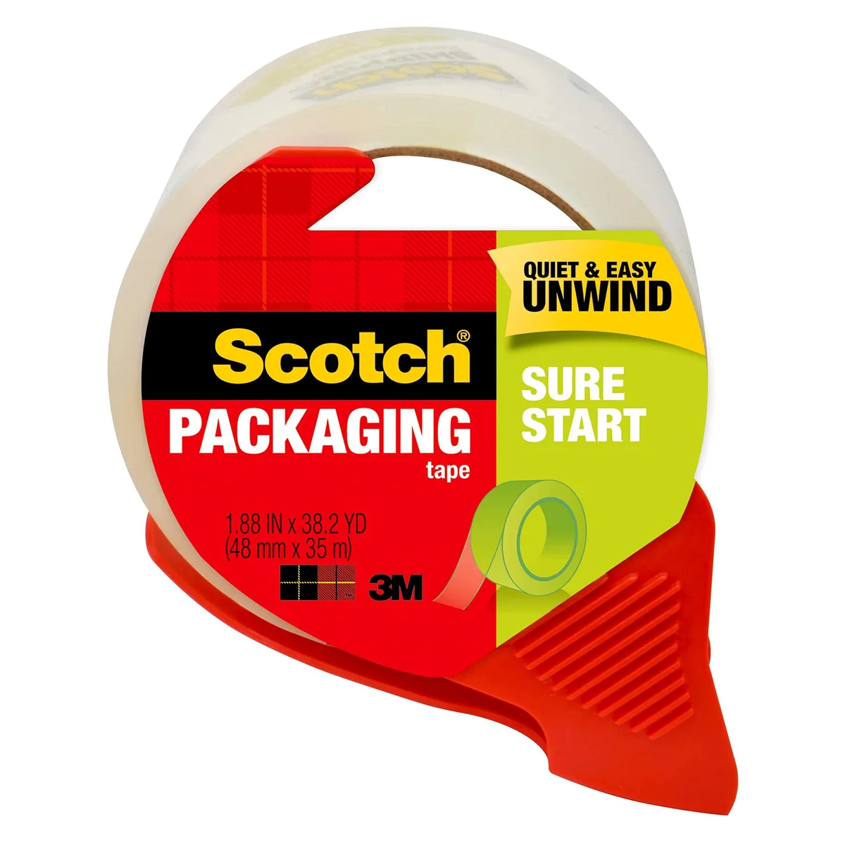  3M 3450S-RD packaging tape 1.88in x 38.2yd 2.6mil 1.5in core clear dispensered roll — product photo
