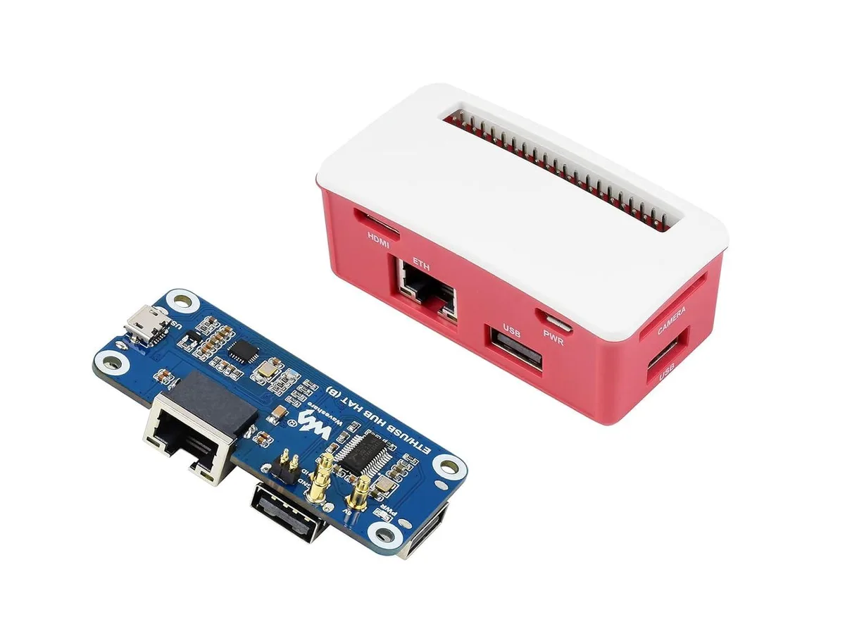 Small rectangular ABS case with rounded edges, dull matte finish, one RJ45 port and three USB ports visible