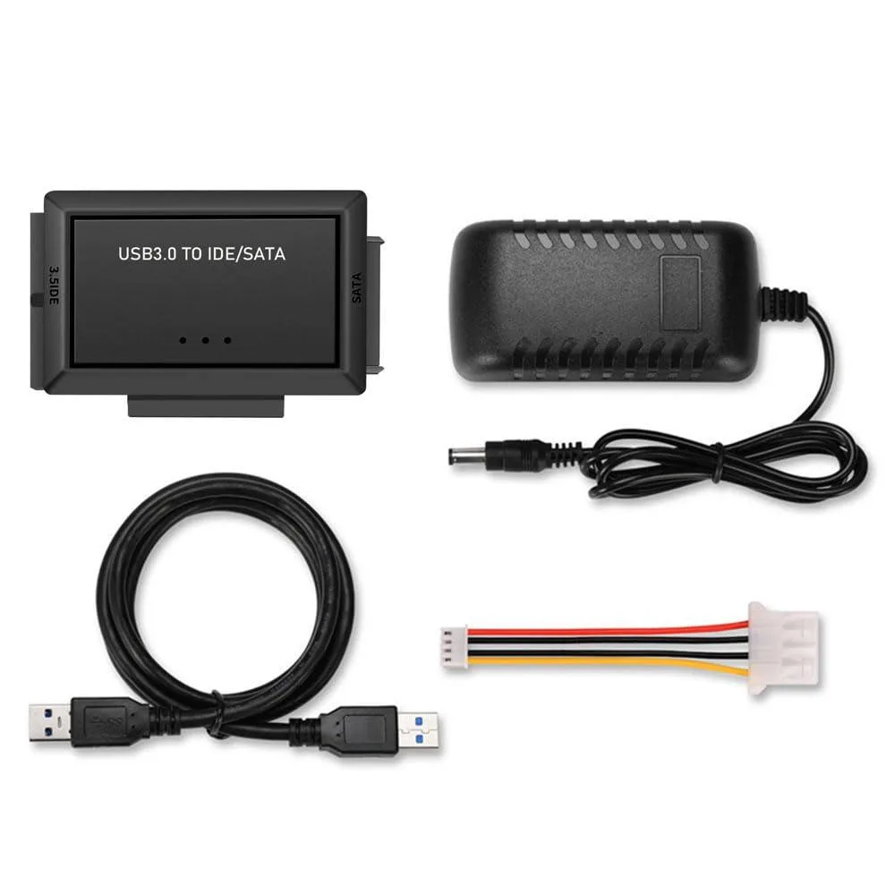 Black rectangular adapter board with USB 3.0, SATA and 40-pin IDE connectors, power input and cables