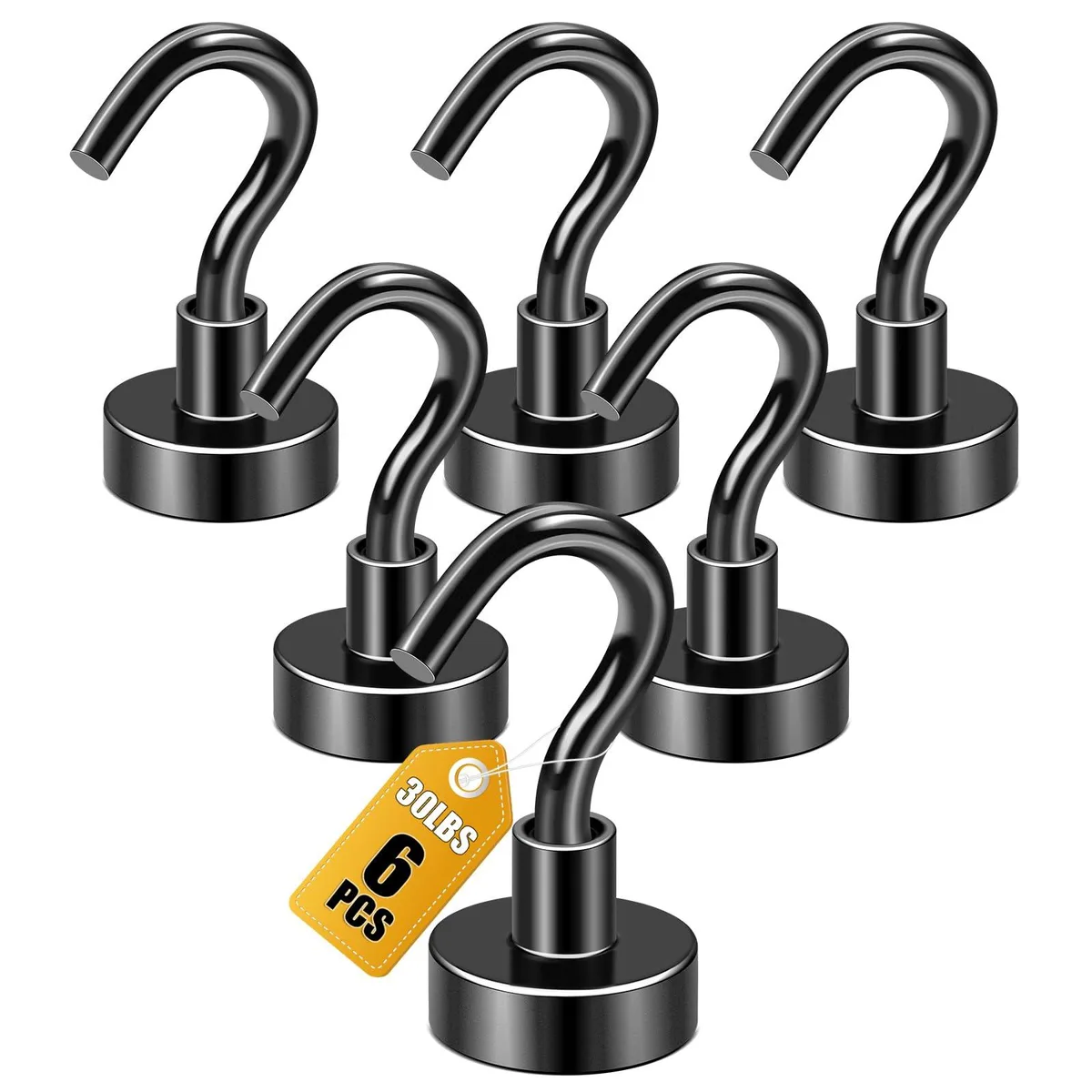 Six black magnetic hooks on a metal surface
