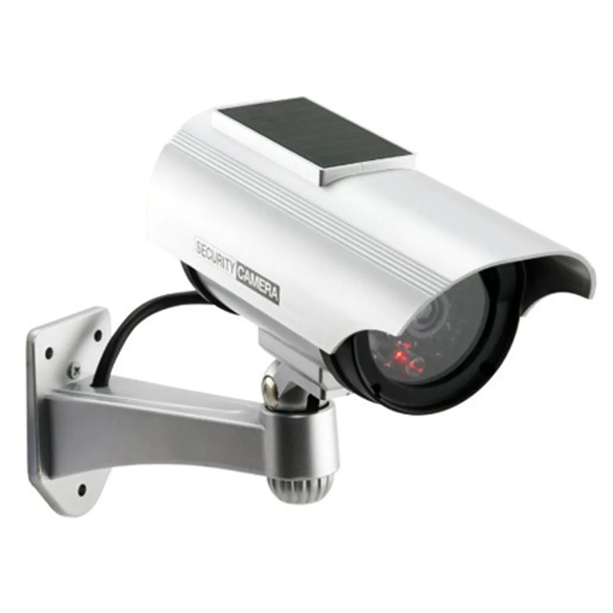 Two silver dummy cameras with solar panels and LED arrays, 7.5 inch housing, 28 infrared LEDs visible