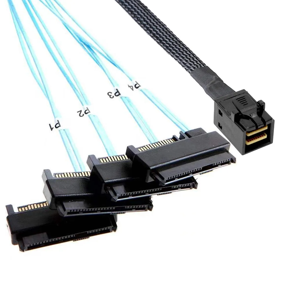 BUCIER BUCIER Mini-SAS HD SFF-8643 to 4× SFF-8482 breakout cable 0.5 m with SATA power adapter — product photo