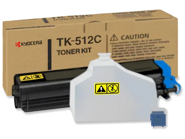New Kyocera TK512C cyan toner cartridge, rectangular plastic housing with teal label