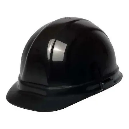 Black polyethylene hard hat with front brim and six-point pinlock suspension